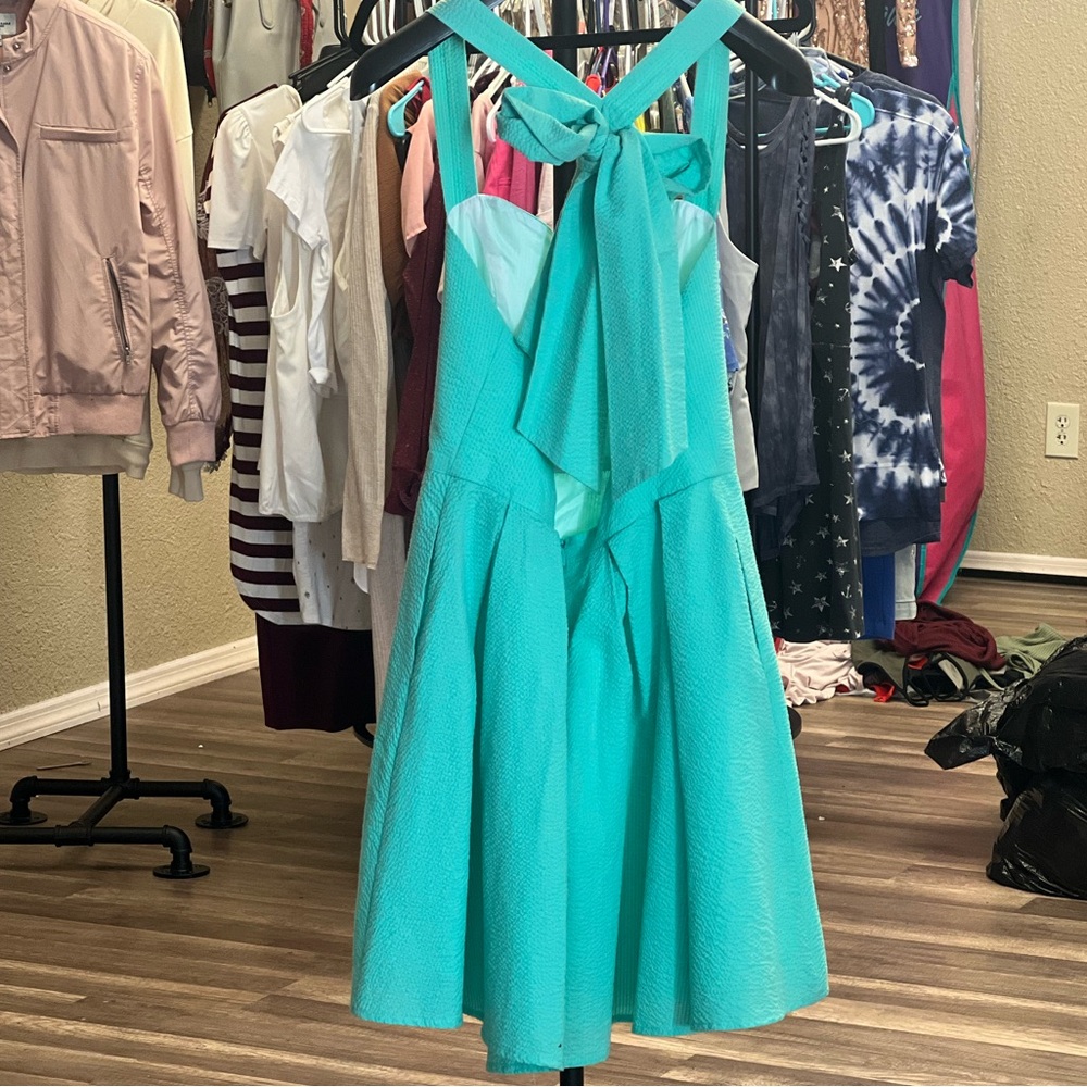 Elegant Lauren James LivingstonMint seersucker Green Sleeveless Dress Large - Picture 3 of 4